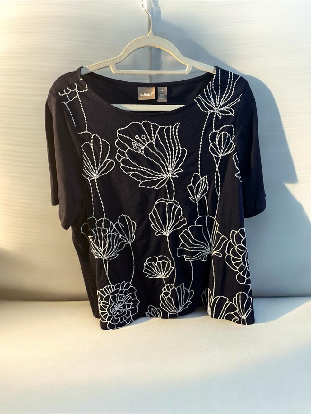 Chico's Navy Floral Embroidered Short Sleeve Top